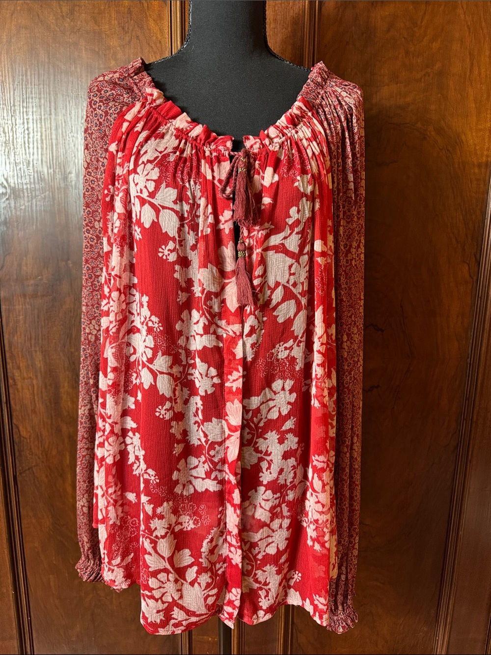 Free People Red and Cream Floral Peasant Blouse